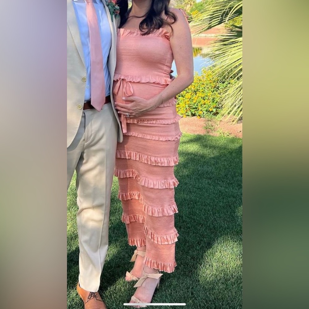 V. Chapman Peach Ruffle Midi Dress
